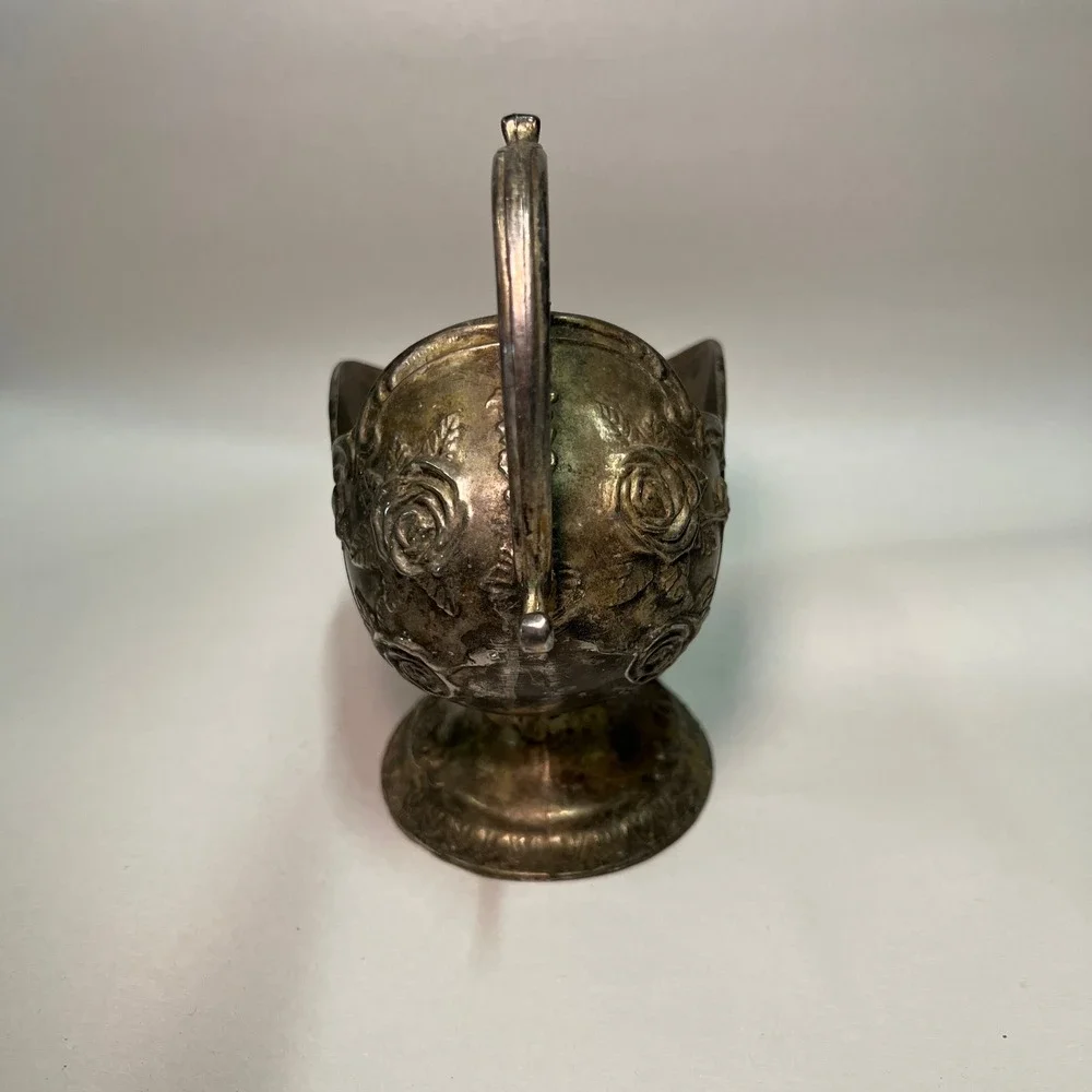 Silver-Plated Sugar Scuttle Featuring an Embossed Floral and Rose Pattern